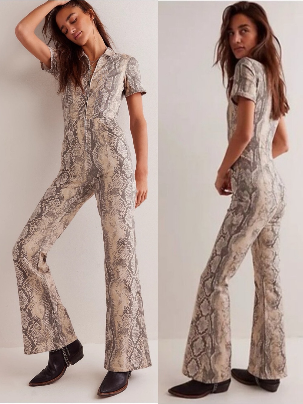 Free People We The Free Jayde Flare Printed Jumpsuit Short Sleeve Snakeskin M